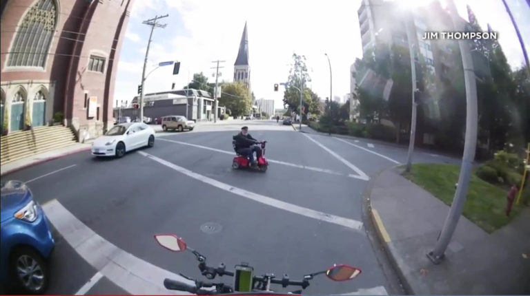 Video captures terrifying close call for mobility scooter rider in downtown Victoria